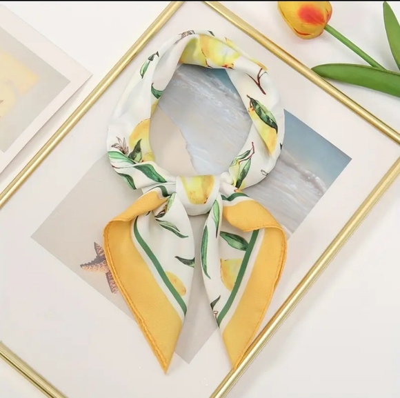 New! Chic Yellow Lemon Print Scarf – Lightweight & Stylish Square Wrap - Picture 6 of 12